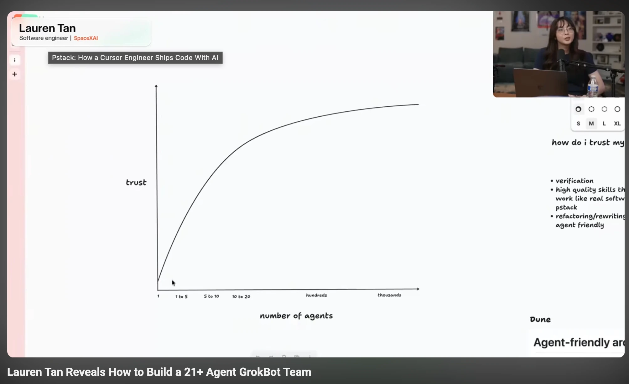 Lauren Tan 分享的信任曲線:縱軸為 trust,橫軸為 number of agents,曲線隨 Agent 數量增加而逐漸趨緩