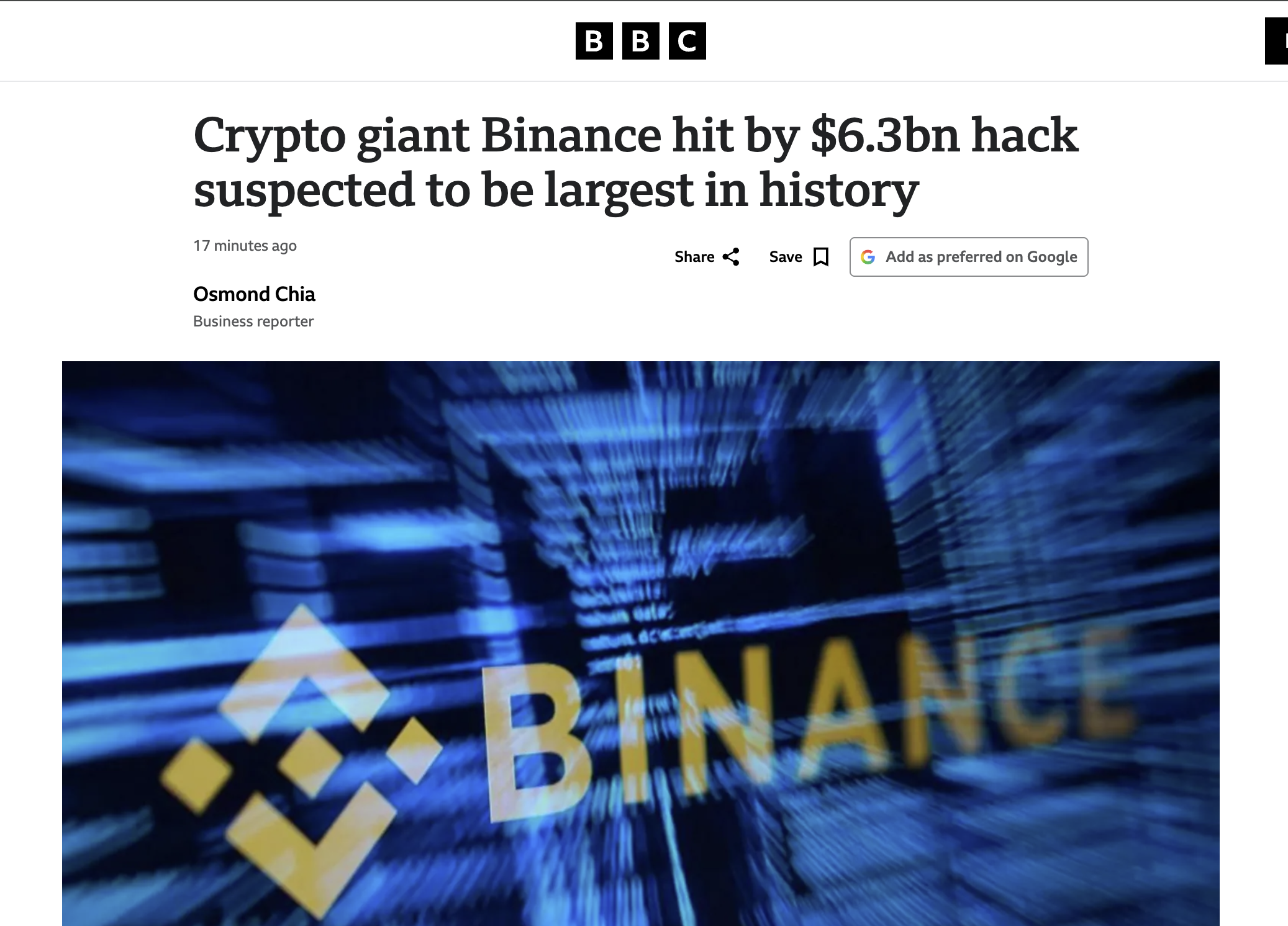 使用者提供的 BBC 新聞頁面截圖,顯示幣安 63 億美元駭侵事件標題與記者 Osmond Chia 署名