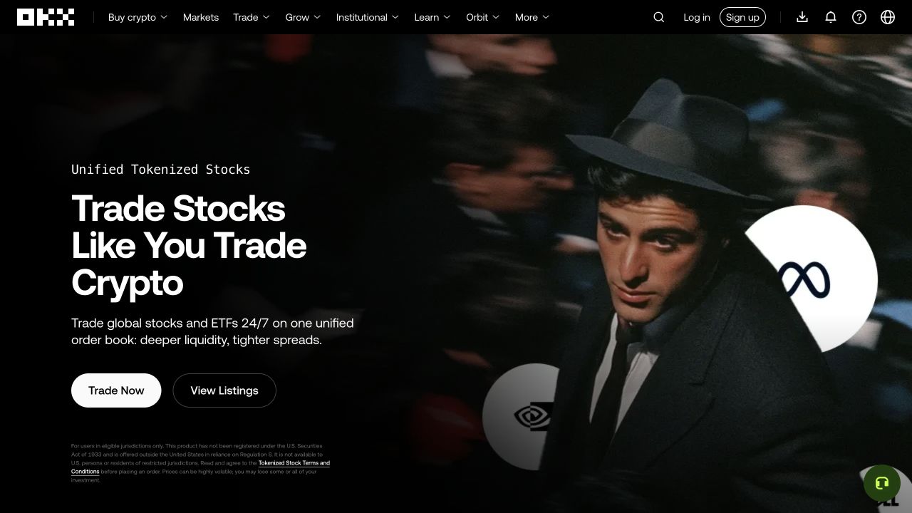 OKX 官方美股代幣產品頁，展示全天候交易股票與 ETF 代幣的服務